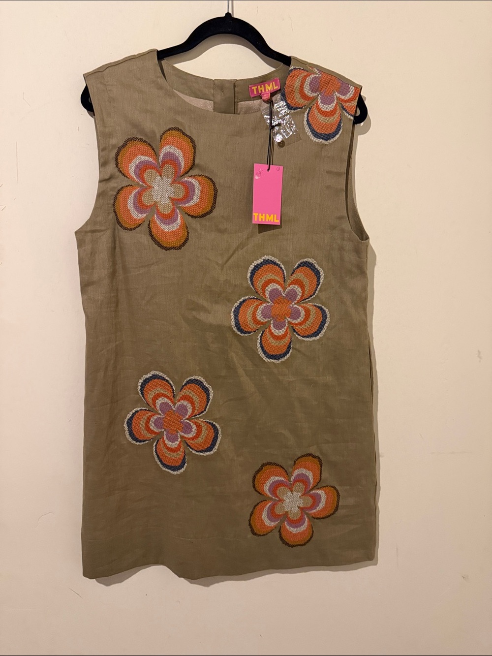 NWT THML Olive Shift Dress with Multicolor Floral Appliqués Size Medium